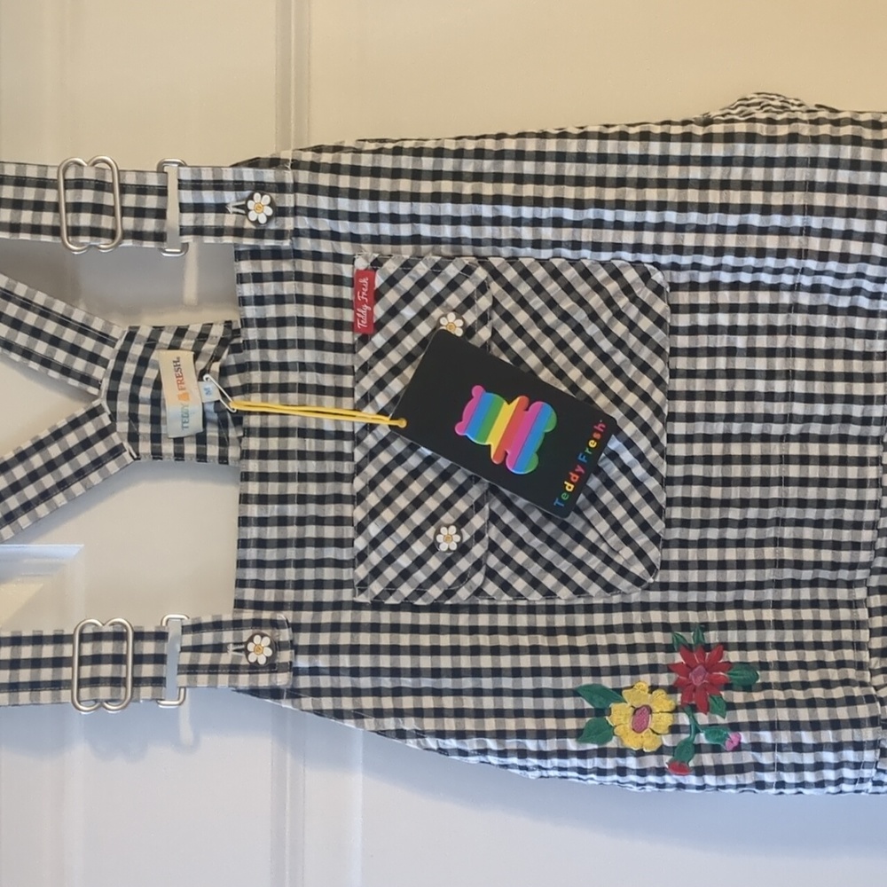 NWT TEDDY FRESH Seersucker Overalls Gingham Embroidered Black White Floral M
